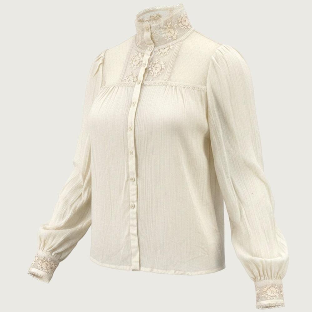 VTG Victorian Blouse Womens M Ivory Lace High Neck Sheer Renaissance Gunne Sax